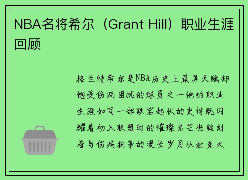 NBA名将希尔（Grant Hill）职业生涯回顾