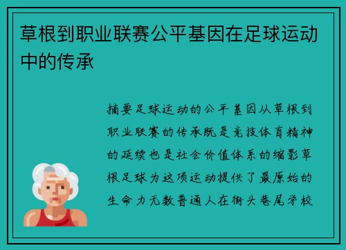 草根到职业联赛公平基因在足球运动中的传承